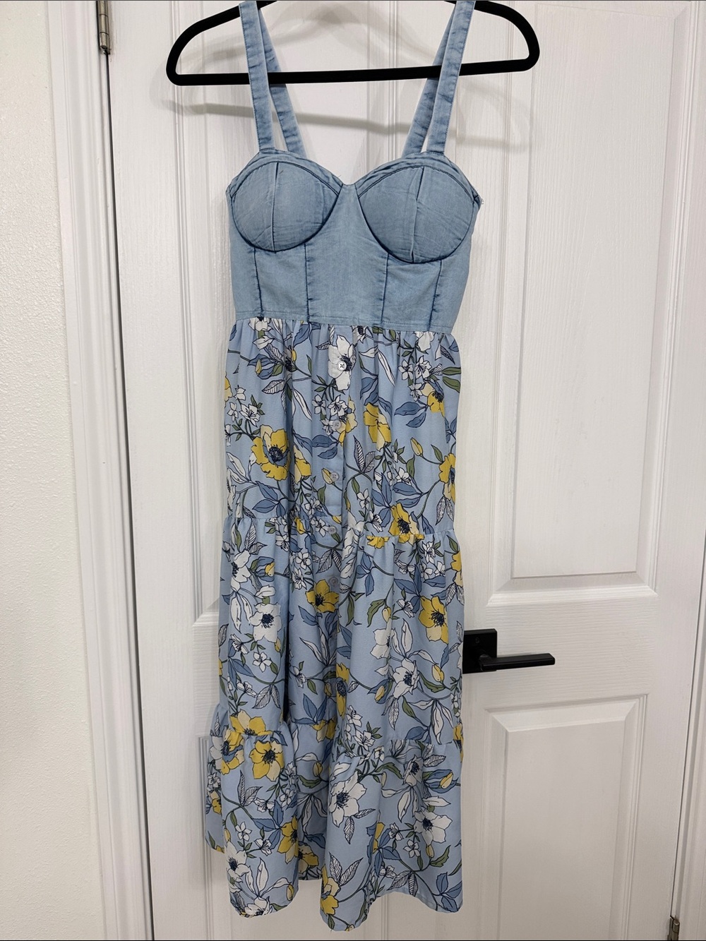 B.O.G. Collective Floral Midi Dress XS Blue Bustier Smocked Cottagecore